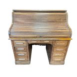 Early 20th Century oak double pedestal roll top desk, 128cm by 128cm by 81cm.