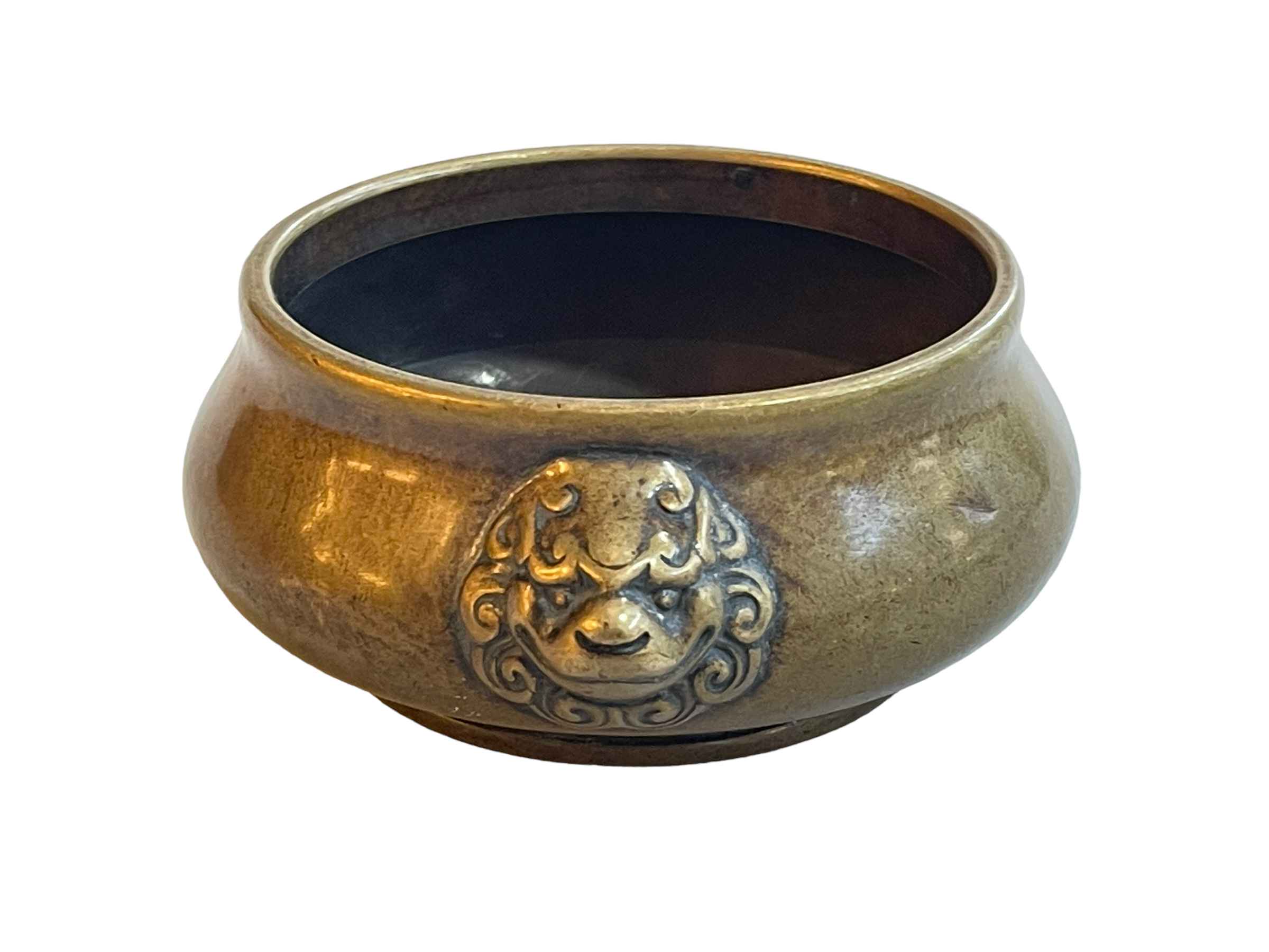 Chinese bronze patinated sensor with animal mask handles impressed mark to base. - Image 2 of 3