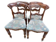 Set of four Victorian mahogany caved bar back dining chairs.