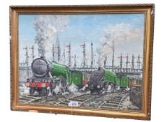 Geoff Swan, The Flying Scotsman and The Mallard Steam Engines, oil on board, signed lower right,