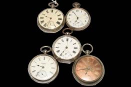 Five silver pocket watches.