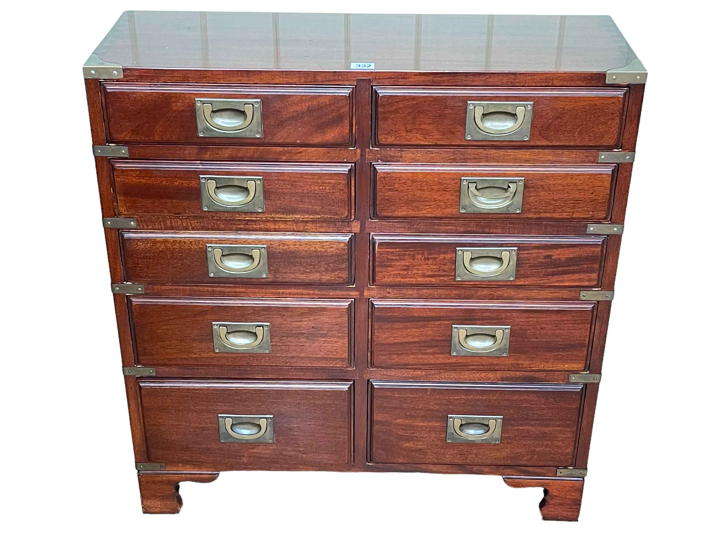 Mahogany campaign style eight drawer chest, 79cm by 74cm by 26cm.