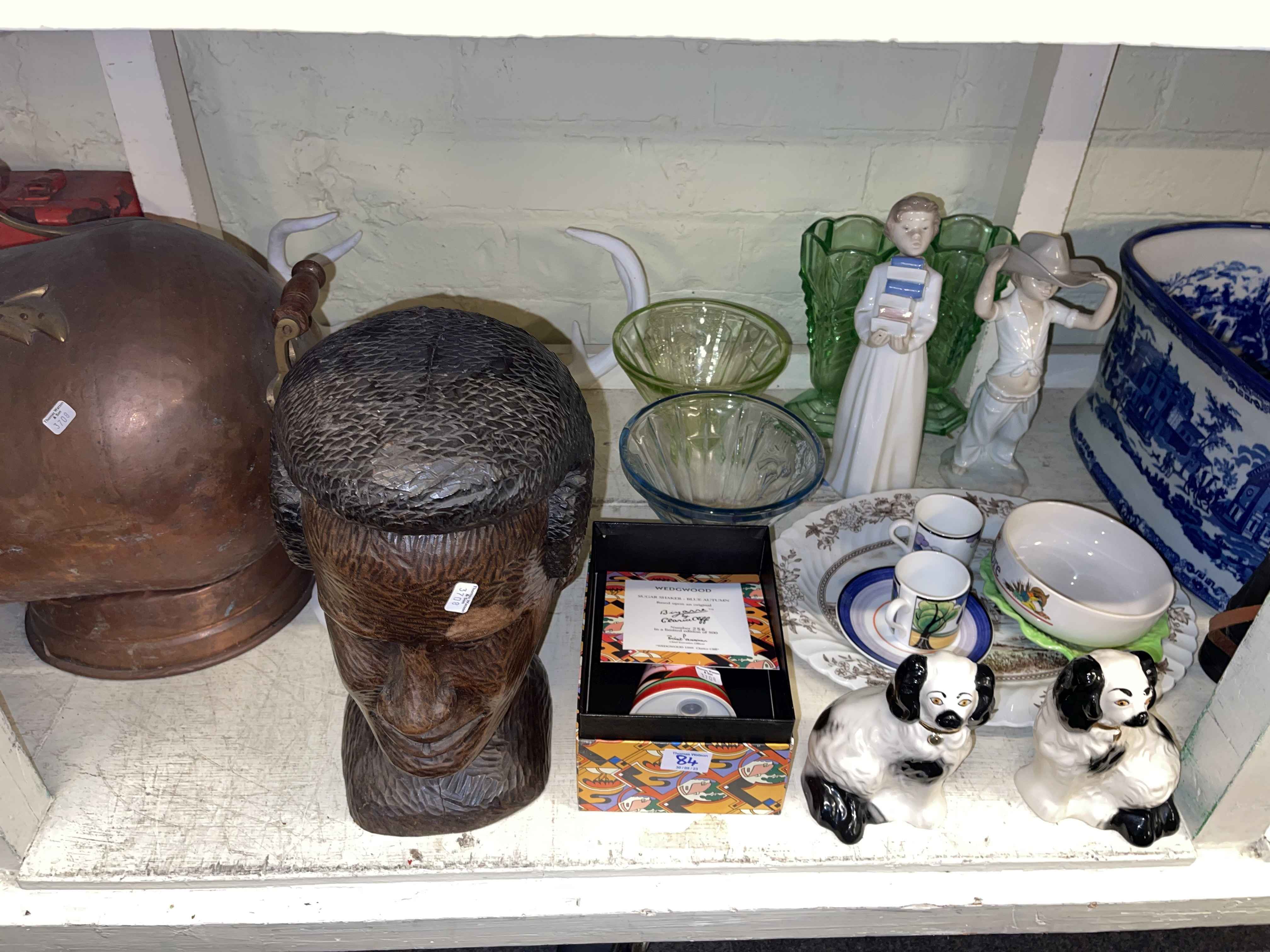 Blue and white foot bath, toys, teddy bears, coal scuttle, carved bust, coins, - Image 2 of 4