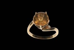 Honey quartz and diamond 9 carat gold ring, size P/Q, with certificate.