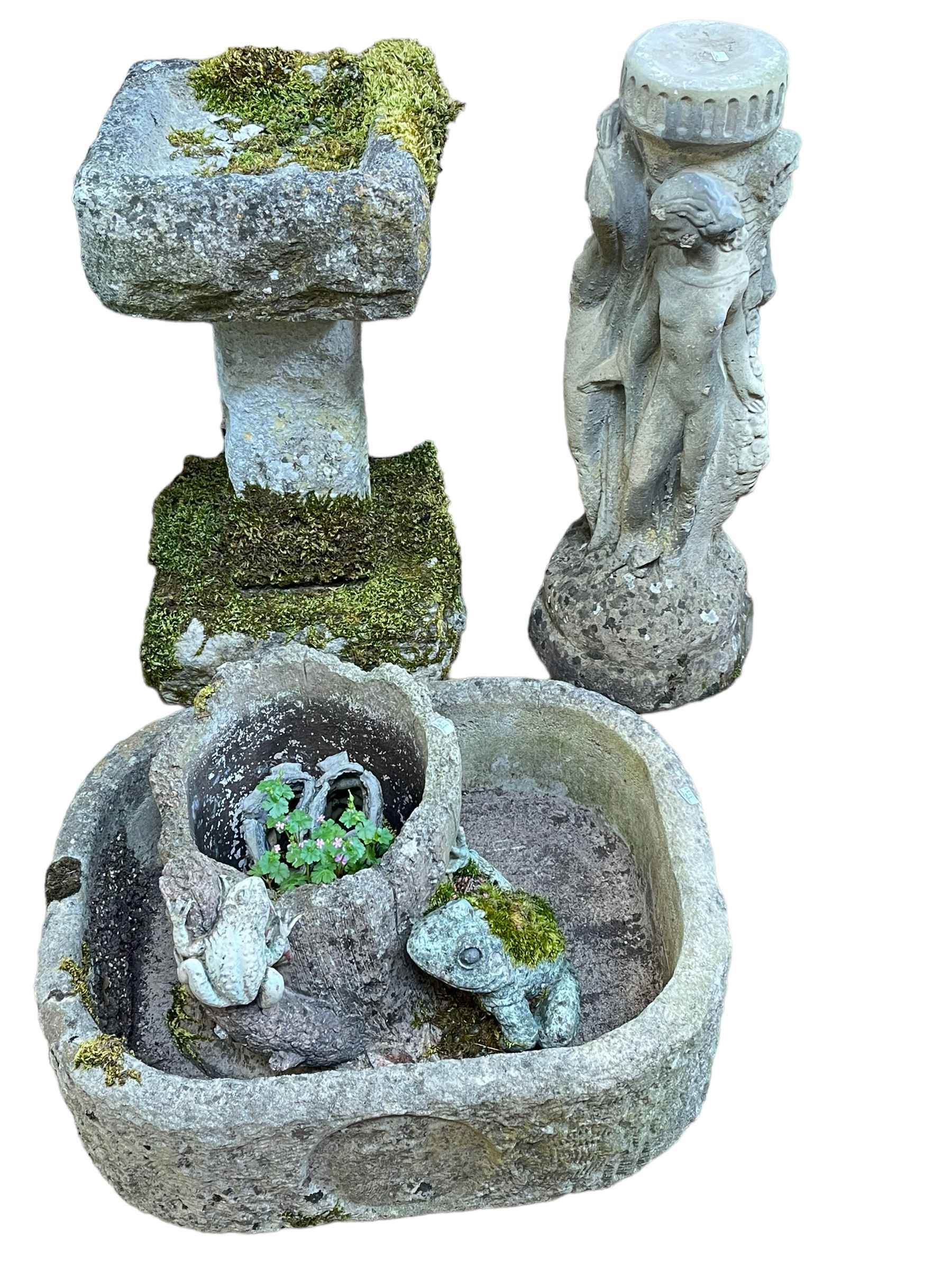 Three Graces garden pedestal, weathered pedestal bird bath on square plinth,
