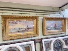 G Feltham, pair maritime oils on board, signed lower left, 18.5cm by 38.5cm, in gilt glazed frames.