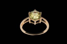 Polaris cut lemon quartz 9 carat gold ring, size Q, with certificate.