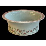 Large Chinese porcelain basin decorated with lake scene and geometric decorated rim, 34cm diameter.