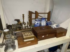 Royal Selangor pewter candle holders, brass caddy, inlaid wooden boxes, blue and white pottery, etc.