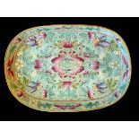 Chinese oval china tray with insect and floral design on turquoise ground, 17.