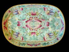 Chinese oval china tray with insect and floral design on turquoise ground, 17.