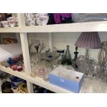 Collection of glass including paperweights, table lamps, comport, coloured glass, etc.