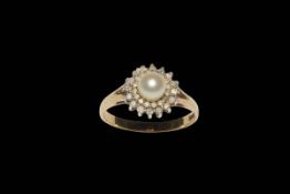 Pearl and diamond 9 carat gold ring, size Q/R.