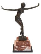Art Deco style bronze figure of a dancer on marble plinth, 49cm.