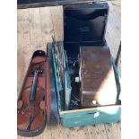 Cased violin, Superior radio, Mayfair Deluxe table top gramophone and 78 records.