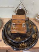 Two large papier mache trays, horn mounted gong and an oak desk stand.