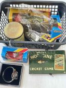 Box with silver hair comb, bracelet, vintage Woodbine Cricket game, novelty match box,
