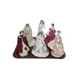 Six Royal Worcester figurines, 1855 The Crinoline, Queen Elizabeth The Queen Mother,