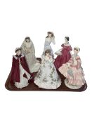 Six Royal Worcester figurines, 1855 The Crinoline, Queen Elizabeth The Queen Mother,