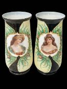 Pair of glass Victorian hand painted vases, 29cm high.