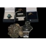 Two 9 carat gold gem set rings, silver ring and coin bracelet, and Seiko watch.