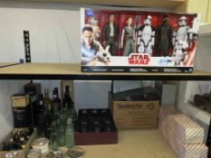 Star Wars action figures, Pratt pot lids, beer glass bottles, spirits including Dow's Port 75cl,