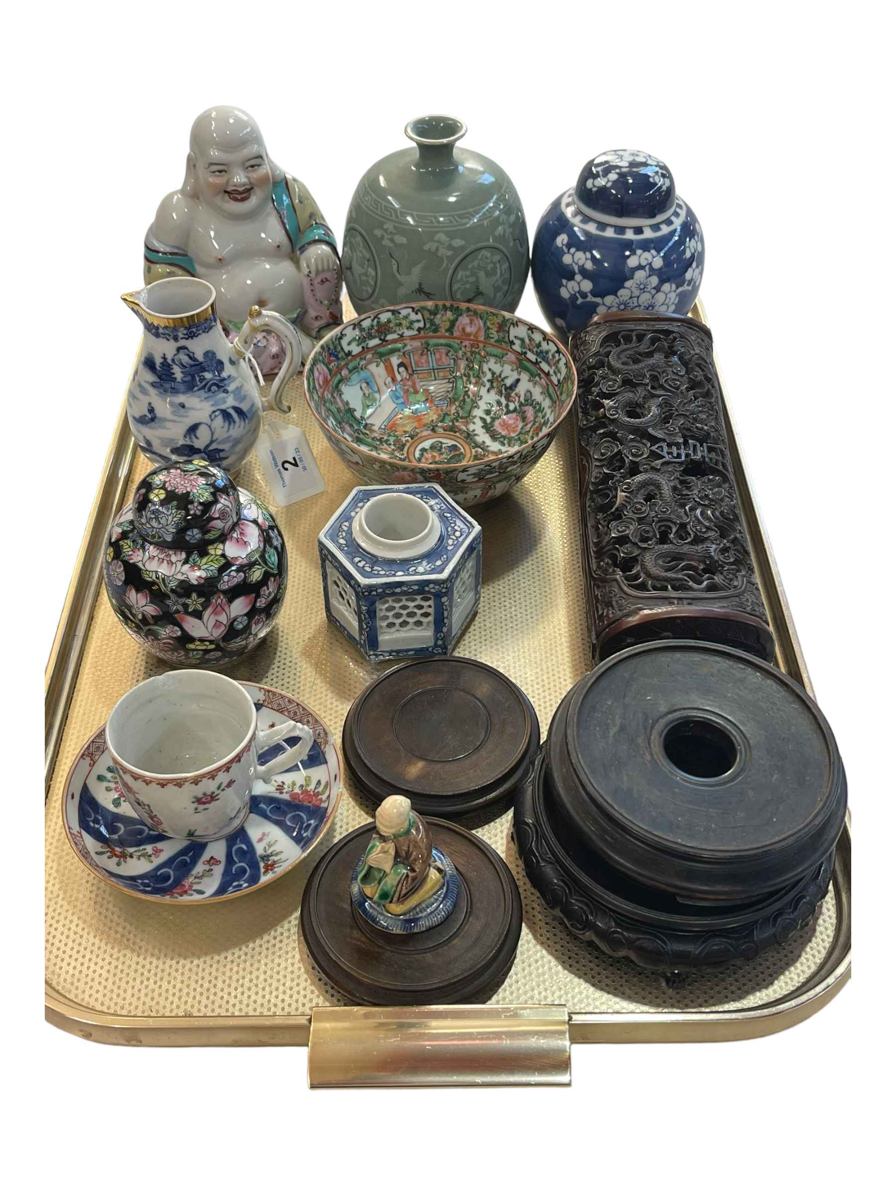Chinese pottery including ginger jars, vase, Buddha, bowl, cup and saucer,