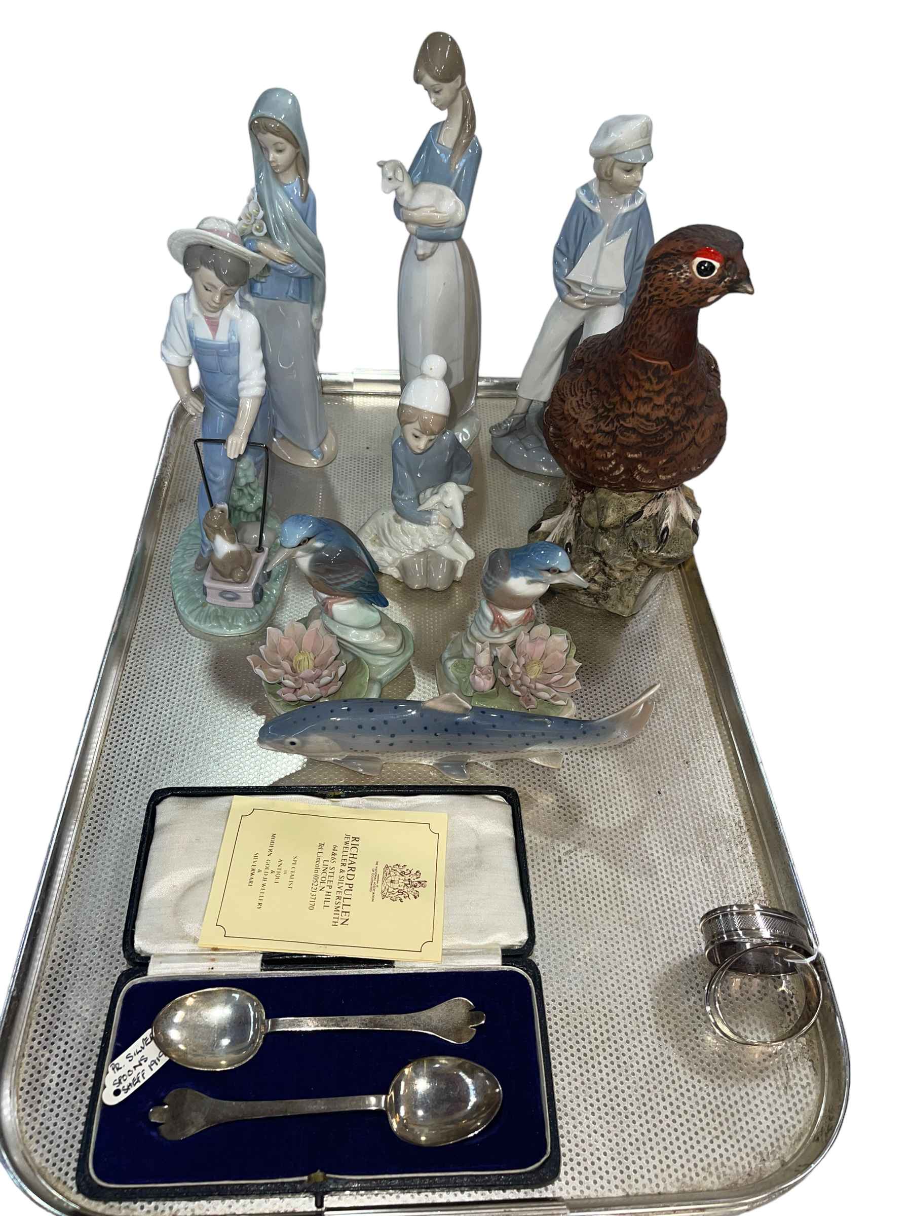 Royal Doulton Grouse bottle, five Lladro figures and two birds, Copenhagen fish,
