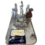 Royal Doulton Grouse bottle, five Lladro figures and two birds, Copenhagen fish,