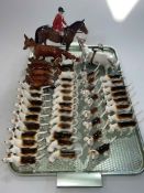 Beswick Huntsman and Huntswoman on Horseback, large Fox and five small Foxes, 37 hounds,