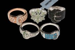 Four silver gem set buckle rings and Silver Alexandrite limited edition ring, size N/O,