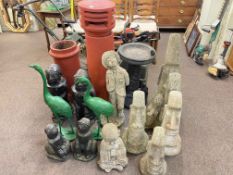 Two terracotta painted chimney pots, pedestal bird bath and thirteen various garden figures (16).