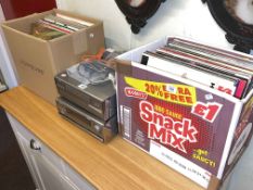 Two boxes of LP records, Denon music system, etc.