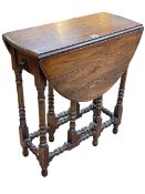 Small oak gate leg table on turned legs, 70cm by 64cm by 29cm (leaves down).