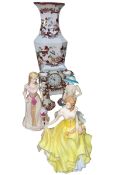 Masons Mandalay Red porcelain, Coalport 'Helen' and Spring and Summer Royal Doulton figurines.