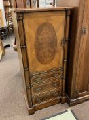 Mahogany and walnut slim three drawer cabinet,