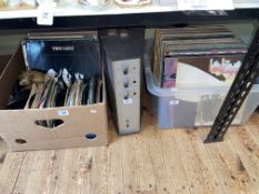 Two boxes of LP records including Thin Lizzy, Led Zeppelin etc, HMV player,