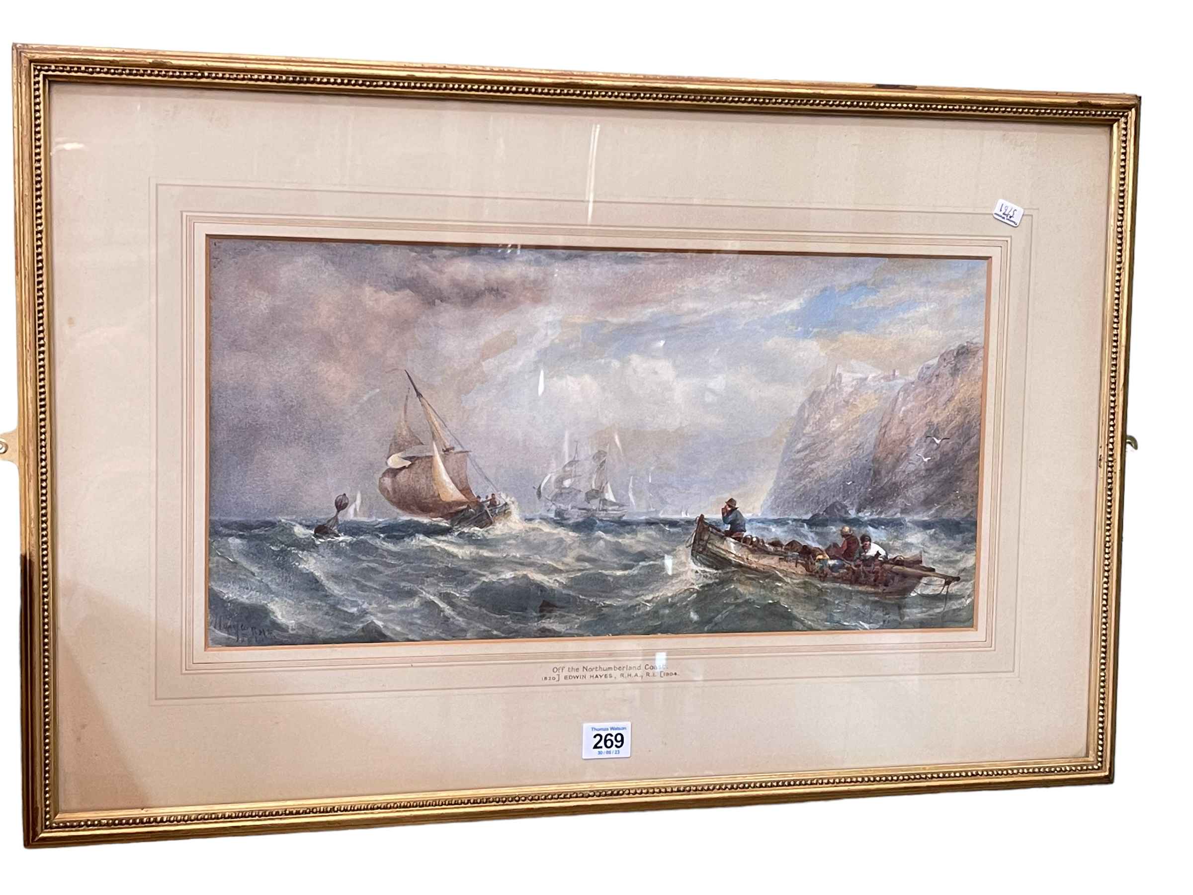 Edwin Hayes, Off the Northumberland Coast, watercolour, signed lower left, 24cm by 49cm,