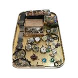 Tray of collectables including pocket watches, lighters, watch alberts, wristwatches, pendants, etc.