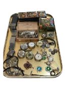 Tray of collectables including pocket watches, lighters, watch alberts, wristwatches, pendants, etc.