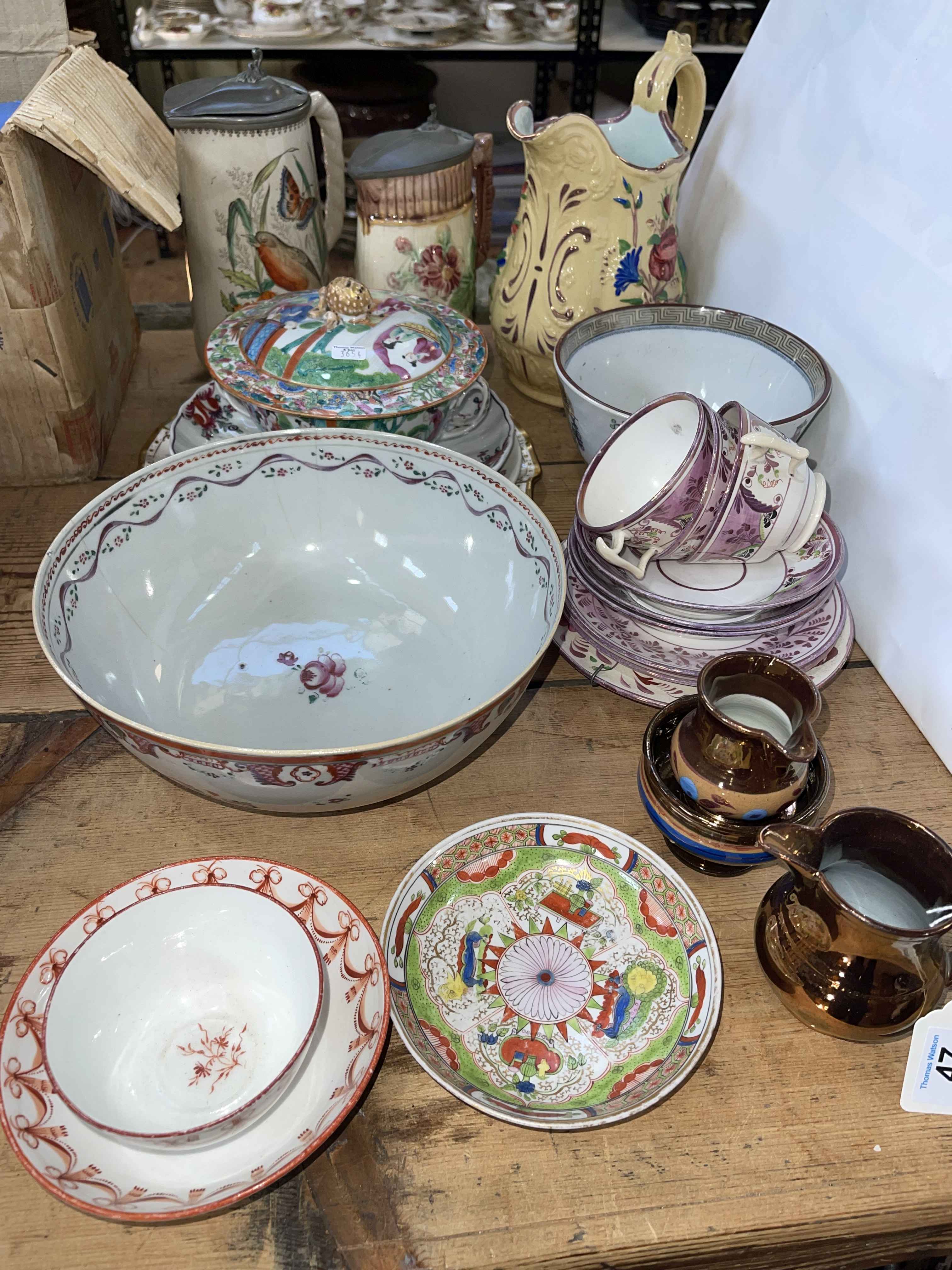 Collection of early Victorian porcelain, Oriental lidded bowl, lustre wares, etc.