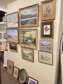 Collection of seventeen various paintings and prints including landscape oils and watercolours,