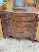 Mahogany and satinwood banded serpentine front chest having brush slide above four long drawers on