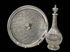 A silver decanter and salver, Gustave Guilaudet, London 1880, each engraved with scrolling foliage,