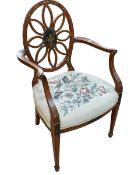Sheraton style chinoiserie painted satinwood elbow chair.