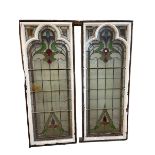 Pair leaded stained glass panels, 186cm by 80cm.