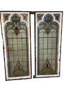 Pair leaded stained glass panels, 186cm by 80cm.