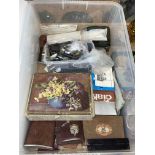 Box of collectables including lighters, pipes, hip flasks, etc.