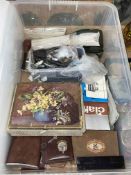 Box of collectables including lighters, pipes, hip flasks, etc.