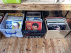 Three boxes of LP records including Elvis, Bay City Rollers, Bee Gees, etc.